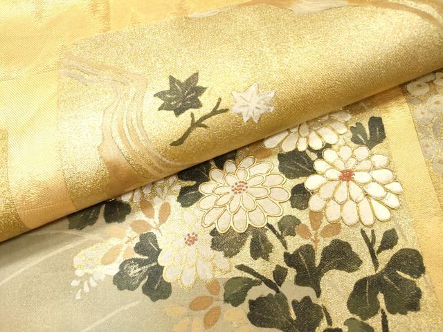 平和屋着物▼六通柄袋帯　駒刺繍　色紙花文　金彩　正絹　逸品　DABH7215fe