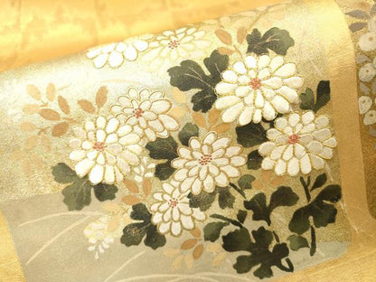 平和屋着物▼六通柄袋帯　駒刺繍　色紙花文　金彩　正絹　逸品　DABH7215fe