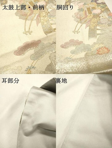 平和屋着物▼六通柄袋帯　唐織　片輪車飛鶴花文　金銀糸　正絹　逸品　DABH7217fe