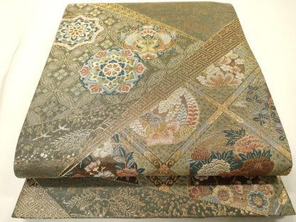 平和屋着物▼六通柄袋帯　格天井正倉院鳳凰花文　金糸　正絹　逸品　DABH7218fe