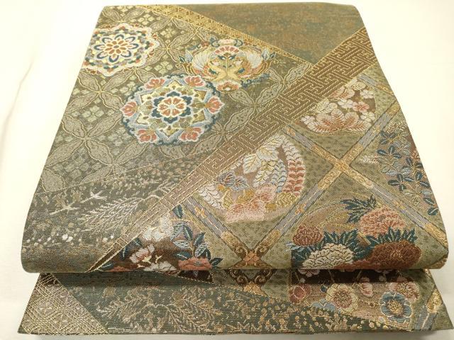 平和屋着物▼六通柄袋帯　格天井正倉院鳳凰花文　金糸　正絹　逸品　DABH7218fe