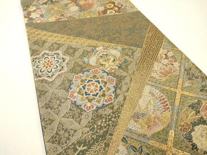 平和屋着物▼六通柄袋帯　格天井正倉院鳳凰花文　金糸　正絹　逸品　DABH7218fe