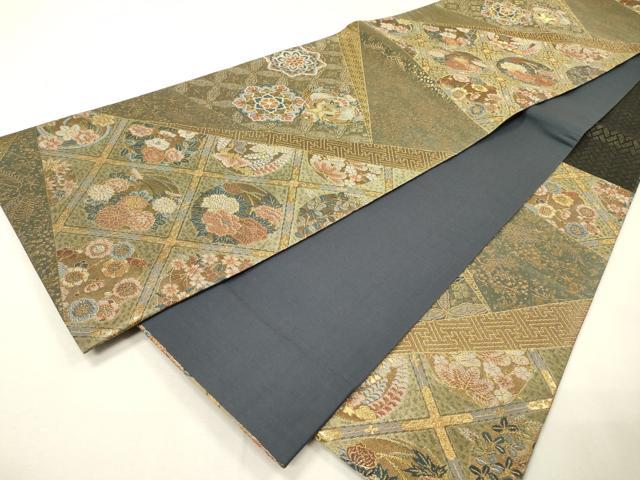 平和屋着物▼六通柄袋帯　格天井正倉院鳳凰花文　金糸　正絹　逸品　DABH7218fe