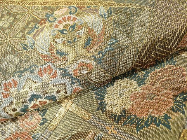 平和屋着物▼六通柄袋帯　格天井正倉院鳳凰花文　金糸　正絹　逸品　DABH7218fe
