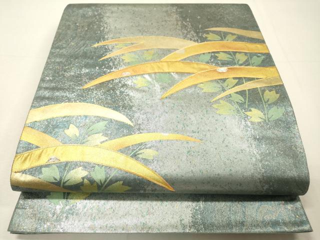 平和屋着物▼太鼓柄袋帯　作家物　駒刺繍　草葉文　金銀彩　引箔　正絹　逸品　DABH7222fe