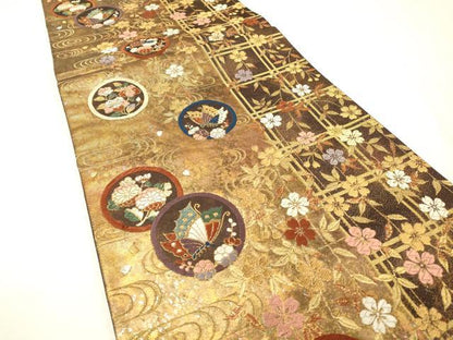 平和屋着物▼六通柄袋帯　唐織　丸紋蝶枝垂れ櫻　金彩　引箔　正絹　逸品　DABH7226fe