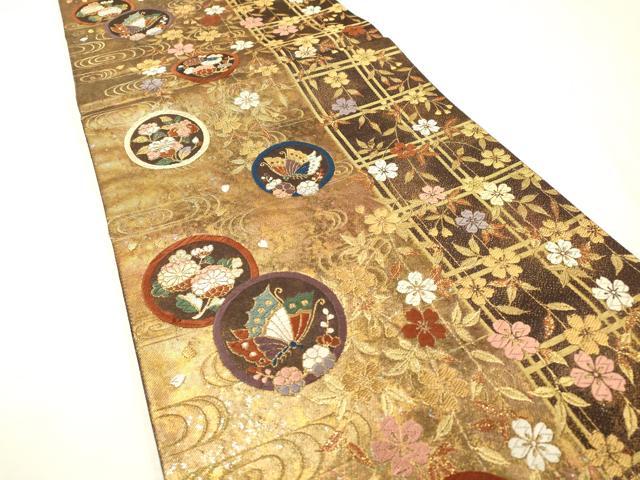 平和屋着物▼六通柄袋帯　唐織　丸紋蝶枝垂れ櫻　金彩　引箔　正絹　逸品　DABH7226fe