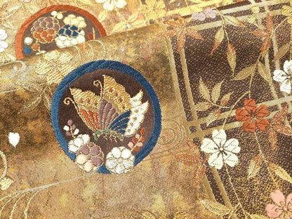 平和屋着物▼六通柄袋帯　唐織　丸紋蝶枝垂れ櫻　金彩　引箔　正絹　逸品　DABH7226fe