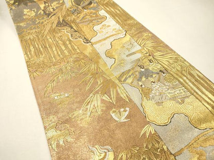 平和屋着物▼全通全景柄袋帯　平安人物風景文　金銀糸　正絹　逸品　DABH7245fe