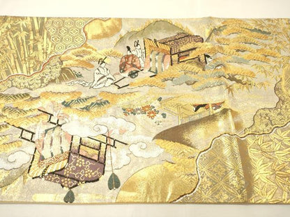 平和屋着物▼全通全景柄袋帯　平安人物風景文　金銀糸　正絹　逸品　DABH7245fe