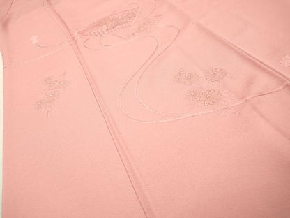 平和屋着物▼中国三大刺繍　スワトウ刺繍　汕頭刺繍　総刺繍　色留訪問着　地紙花文　金糸　珊瑚色　正絹　逸品　DABH7251fe