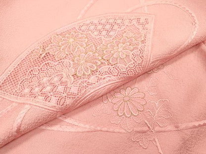 平和屋着物▼中国三大刺繍　スワトウ刺繍　汕頭刺繍　総刺繍　色留訪問着　地紙花文　金糸　珊瑚色　正絹　逸品　DABH7251fe