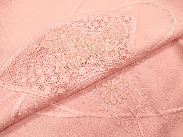 平和屋着物▼中国三大刺繍　スワトウ刺繍　汕頭刺繍　総刺繍　色留訪問着　地紙花文　金糸　珊瑚色　正絹　逸品　DABH7251fe