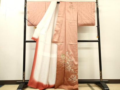 平和屋着物▼中国三大刺繍　相良刺繍　総刺繍　訪問着　芝花文　暈し染　金糸　正絹　逸品　DABH7256fe