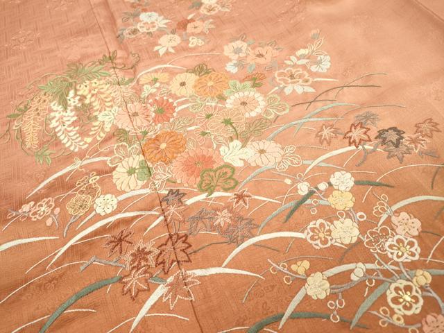 平和屋着物▼中国三大刺繍　相良刺繍　総刺繍　訪問着　芝花文　暈し染　金糸　正絹　逸品　DABH7256fe