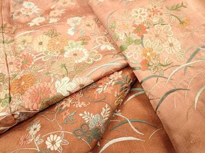 平和屋着物▼中国三大刺繍　相良刺繍　総刺繍　訪問着　芝花文　暈し染　金糸　正絹　逸品　DABH7256fe