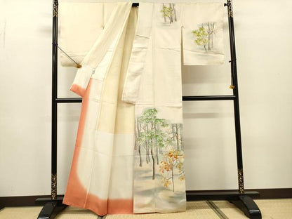 平和屋着物▼日展作家　寺島節朗　訪問着　手描き　樹林文　暈し染　そごう百貨店扱い　正絹　逸品　DABH7276fe