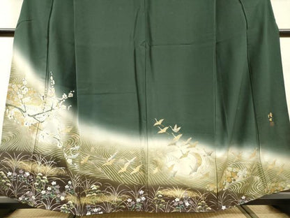 平和屋着物▼螺鈿作家　藤本隆士　訪問着　螺鈿　手描き　飛鶴草花文　暈し染　金銀彩　正絹　逸品　DABH7279fe