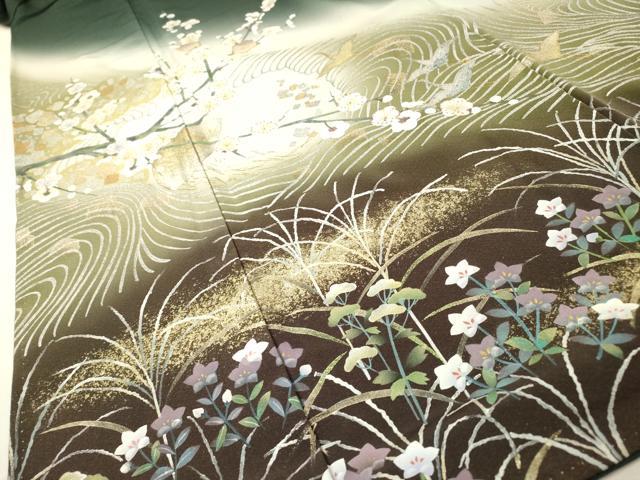 平和屋着物▼螺鈿作家　藤本隆士　訪問着　螺鈿　手描き　飛鶴草花文　暈し染　金銀彩　正絹　逸品　DABH7279fe
