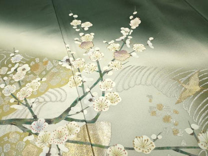 平和屋着物▼螺鈿作家　藤本隆士　訪問着　螺鈿　手描き　飛鶴草花文　暈し染　金銀彩　正絹　逸品　DABH7279fe