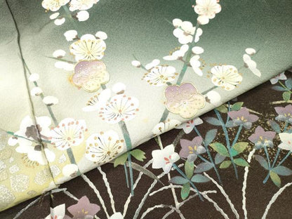 平和屋着物▼螺鈿作家　藤本隆士　訪問着　螺鈿　手描き　飛鶴草花文　暈し染　金銀彩　正絹　逸品　DABH7279fe