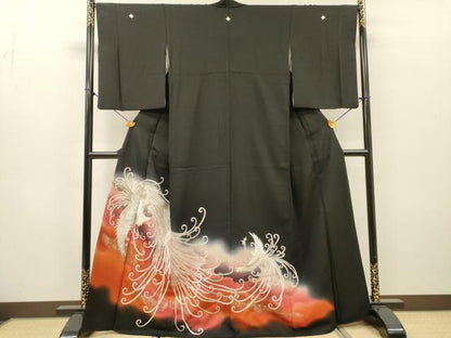 平和屋着物▼豪華黒留袖　刺繍　鳳凰　暈し染　銀糸　正絹　逸品　DABH7281fe
