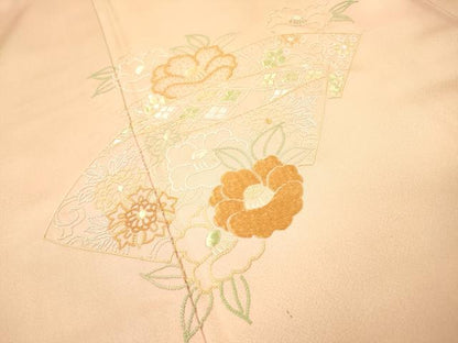 平和屋着物▼中国三大刺繍　相良刺繍　総刺繍　訪問着　地紙重ね椿花文　暈し染　正絹　逸品　DABH7282fe