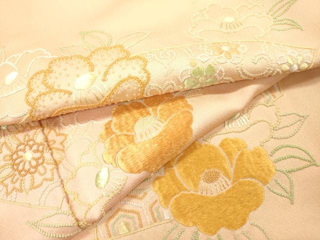 平和屋着物▼中国三大刺繍　相良刺繍　総刺繍　訪問着　地紙重ね椿花文　暈し染　正絹　逸品　DABH7282fe