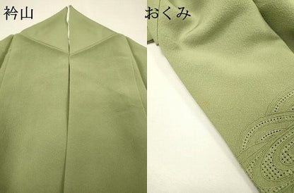 平和屋着物▼中国三大刺繍　スワトウ刺繍　汕頭刺繍　総刺繍　無地絵羽訪問着　流水花文　山葵色　正絹　逸品　DABH7295fe