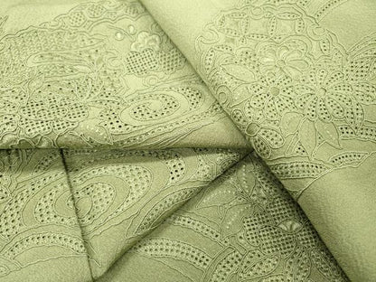 平和屋着物▼中国三大刺繍　スワトウ刺繍　汕頭刺繍　総刺繍　無地絵羽訪問着　流水花文　山葵色　正絹　逸品　DABH7295fe