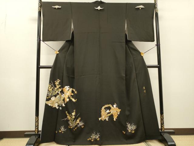平和屋着物▼豪華黒留袖　螺鈿　作家物　手描き　童子遊び　金銀彩　正絹　逸品　DABH7306fe