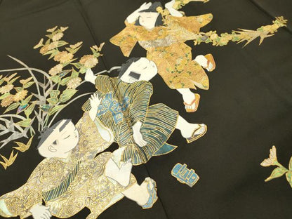 平和屋着物▼豪華黒留袖　螺鈿　作家物　手描き　童子遊び　金銀彩　正絹　逸品　DABH7306fe