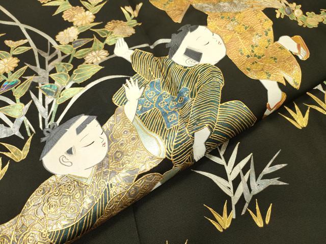平和屋着物▼豪華黒留袖　螺鈿　作家物　手描き　童子遊び　金銀彩　正絹　逸品　DABH7306fe