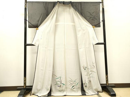 平和屋着物▽訪問着　無双　紗袷　紗×絽　手描き　南天文　白鷺　金彩　ロング丈　正絹　逸品　DABH7321fe