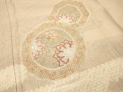 平和屋着物▽中国三大刺繍　スワトウ刺繍　汕頭刺繍　訪問着　単衣　絞り　道長花絵皿　金銀彩　正絹　逸品　DABH7322fe