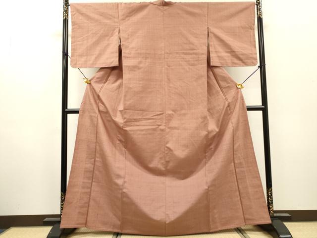 平和屋着物▽上質な紬 　単衣　格子　退紅色 　正絹　逸品　未使用　DABH7333fe