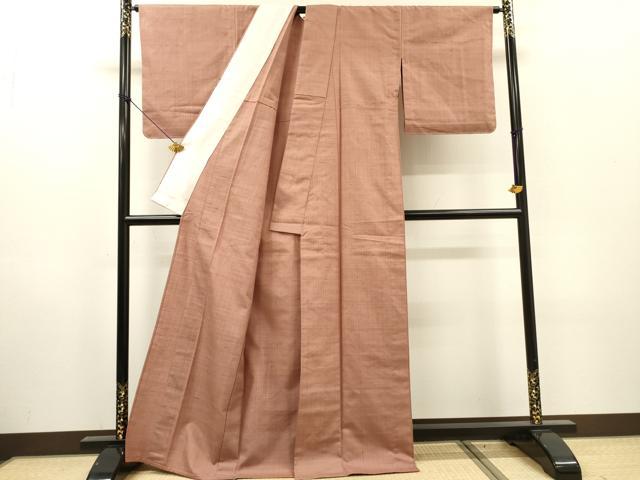 平和屋着物▽上質な紬 　単衣　格子　退紅色 　正絹　逸品　未使用　DABH7333fe