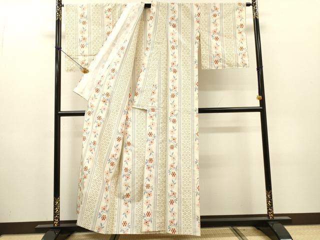 平和屋着物▽上質な紬　単衣　花唐草間道　正絹　逸品　DABH7337fe