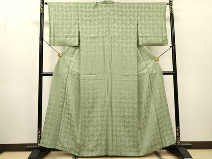 平和屋着物▽上質な色無地　単衣　寿字桐地紋　山葵色　正絹　逸品　DABH7339fe