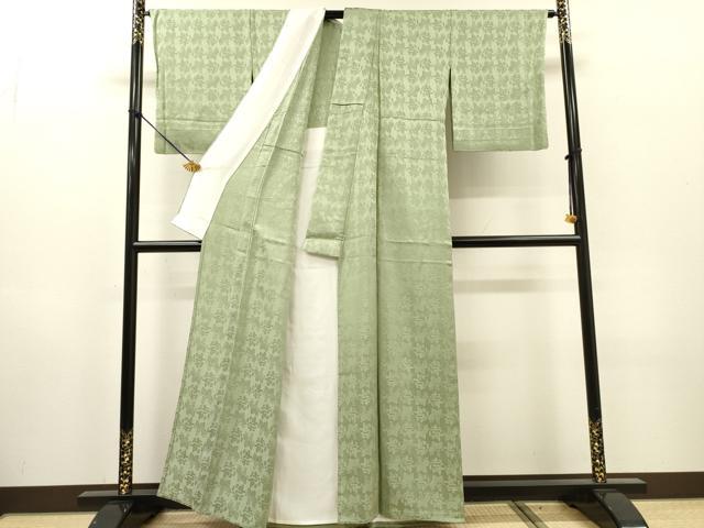 平和屋着物▽上質な色無地　単衣　寿字桐地紋　山葵色　正絹　逸品　DABH7339fe