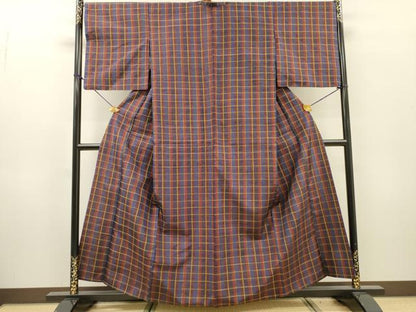 平和屋着物▽上質な紬　単衣　格子　正絹　逸品　DABH7346fe