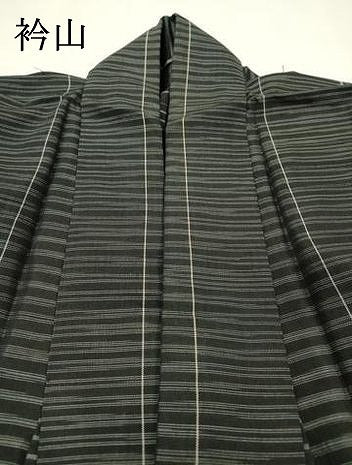 平和屋着物▽上質な紬　単衣　横段文　黒地　正絹　逸品　DABH7349fe