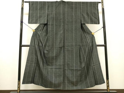 平和屋着物▽上質な紬　単衣　横段文　黒地　正絹　逸品　DABH7349fe
