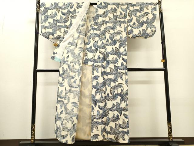 平和屋着物▽上質な小紋　単衣　藍　型染　孔雀　正絹　逸品　DABH7350fe