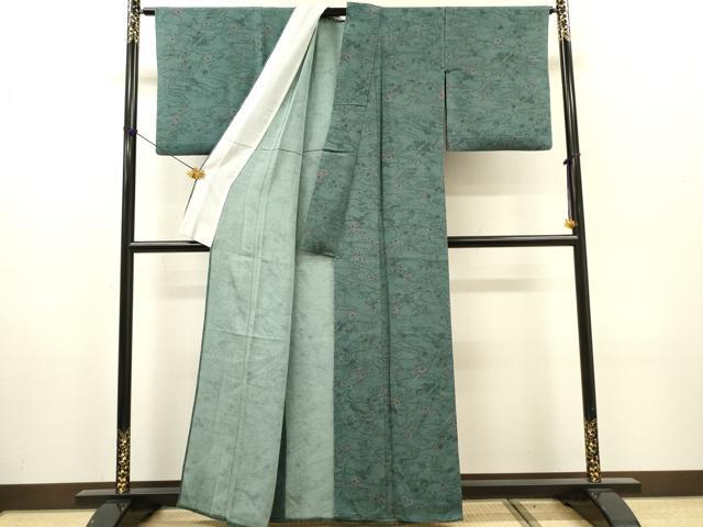 平和屋着物▽人間国宝・南部芳松の息子 伝統工芸伝承者彫刻・南部幸雄 型染 小紋 単衣 草木染 流水花文  証紙付き 正絹 逸品 DABH7360fe