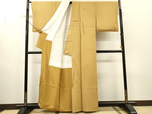 平和屋着物▼中国三大刺繍　スワトウ刺繍　汕頭刺繍　総刺繍　無地絵羽訪問着　扇面花文　芥子色　正絹　逸品　DABH7374fe