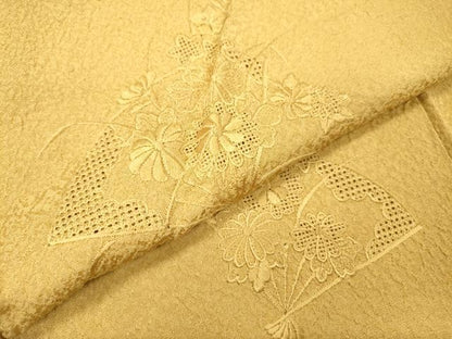 平和屋着物▼中国三大刺繍　スワトウ刺繍　汕頭刺繍　総刺繍　無地絵羽訪問着　扇面花文　芥子色　正絹　逸品　DABH7374fe