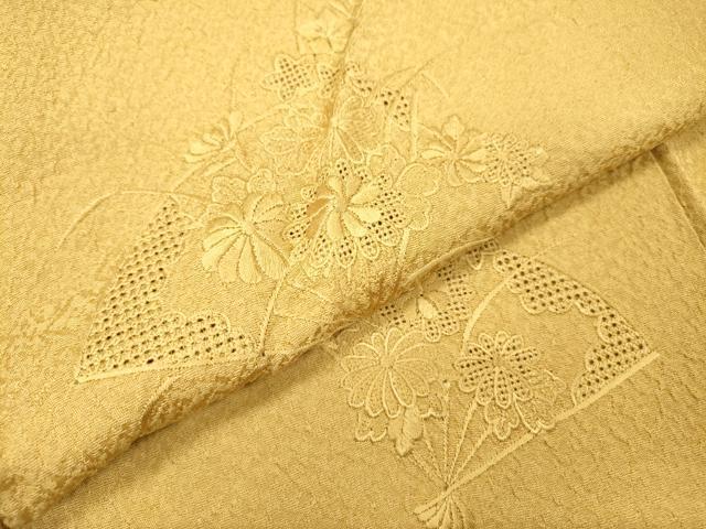 平和屋着物▼中国三大刺繍　スワトウ刺繍　汕頭刺繍　総刺繍　無地絵羽訪問着　扇面花文　芥子色　正絹　逸品　DABH7374fe