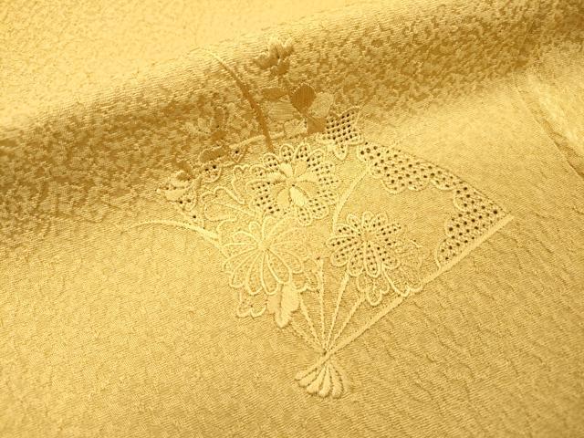 平和屋着物▼中国三大刺繍　スワトウ刺繍　汕頭刺繍　総刺繍　無地絵羽訪問着　扇面花文　芥子色　正絹　逸品　DABH7374fe