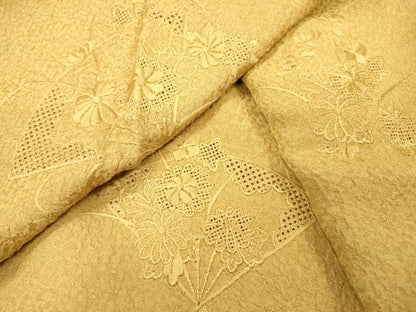 平和屋着物▼中国三大刺繍　スワトウ刺繍　汕頭刺繍　総刺繍　無地絵羽訪問着　扇面花文　芥子色　正絹　逸品　DABH7374fe